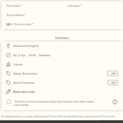 The Aura book a table form